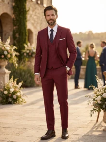 Men's 3 PiecesSuit Set Blazer&Vest&Pants Wedding Groom Attire Elegant Tuxedo Men Clothes For Special Occasions Wedding Receptions Gala Dinners Classic - Burgundy - View 4