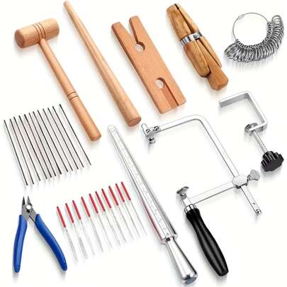 KLONKEE Professionele sieradenmaakset, legering en houten knutselset, inclusief sieradenzaagframe, bankschroef, diamantvijl, houten ringklem, ringmaatmeter, meetinstrumenten, sieradenhamer, hamersteel, voor het maken van sieraden, handgemaakte sieradengereedschappen voor juweliers