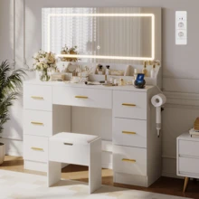 Tocador con Espejo LED y Taburete, 116 x 38 x 138 cm, Tocador con Iluminación LED Ajustable de 3 Colores, Mesa de Maquillaje con Enchufes y 7 Cajones de Almacenamiento, Soporte para Secador de Pelo, Blanco, Envío en 2 Paquetes - Enchufe EU Tipo E(220-240V) - Ver 2