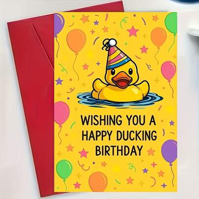 Fun Birthday Card - Cute Duck With Party Hat, Birthday Wishes, Yellow Background - Perfect For Duck-Themed Parties, Birthday Decorations - Happy Birthday Gift For Friends, Family, Colleagues - Birthday Party Decoration Idea, Whimsical Design, Premium