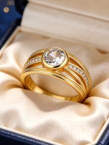 Women's Gold-Plated Multi-Layer Ring Set, Featuring Round Cubic Zirconia Main Stone And Pave Zirconia Accents, Minimalist Elegant Design, Suitable For Daily Commute And Work Outfits, An Ideal Gift For Fashion Enthusiasts - Gold - View 3