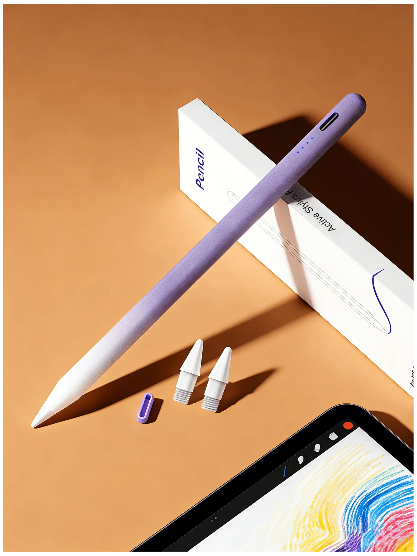 90mAh电池供电高精度灵敏磁性触控笔配件，适用于iPad 11/10/9/8/7/6、Air 7/6/5/4/3、Pro 13英寸/12.9英寸/11英寸（2018-2025款）、Mini 7/6/5，支持倾斜感应和防误触功能，渐变紫色