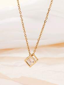 1件18K镀金镂空立方氧化锆方形吊坠项链，优雅女士锁骨链 - 金色 - 查看 3