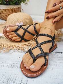 planare 新款女士编织交叉绑带平底凉鞋，百搭休闲，适合海滩度假、日常室内外穿着，简约设计，PU皮革露趾一体式套脚舒适夏季凉鞋，棕色/黑色可选 - 黑色 - 查看 5