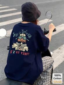 卡通印花短袖中长款T恤，女士夏季时尚休闲上衣 - 藏青色 - 查看 2