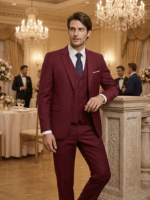 Men's 3 PiecesSuit Set Blazer&Vest&Pants Wedding Groom Attire Elegant Tuxedo Men Clothes For Special Occasions Wedding Receptions Gala Dinners Classic - Burgundy - View 2