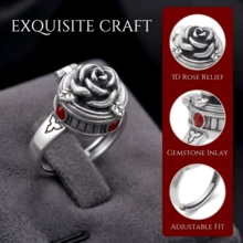1 pieza Anillo ajustable con flor de rosa de tono plateado de estilo punk, adecuado para uso diario como regalo - Plata antigua - Ver 4