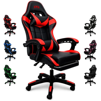Cadeira Gamer Ergonômica Reclinável com Apoio para Pés e Almofadas Lombar – Couro Sintético 135kg