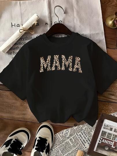 100% Pure Cotton Women's Short Sleeved T-Shirt, Women's "MAMA" T-Shirt – Leopard Print Bold Letters, Animal Pattern Design, Motherhood Gift For Mom, Suitable For Daily Wear, Patriotic Parades, Music Festivals, Bars Or Bachelor Parties, Daily Commuting, Vacations, As Well As Casual Wear In Spring, Summer, And Autumn.