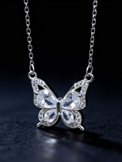 1pc S925 Sterling Silver Synthetic Cubic Zirconia Luxury Butterfly Necklace, Bohemian Elegant Jewelry Gift For Women