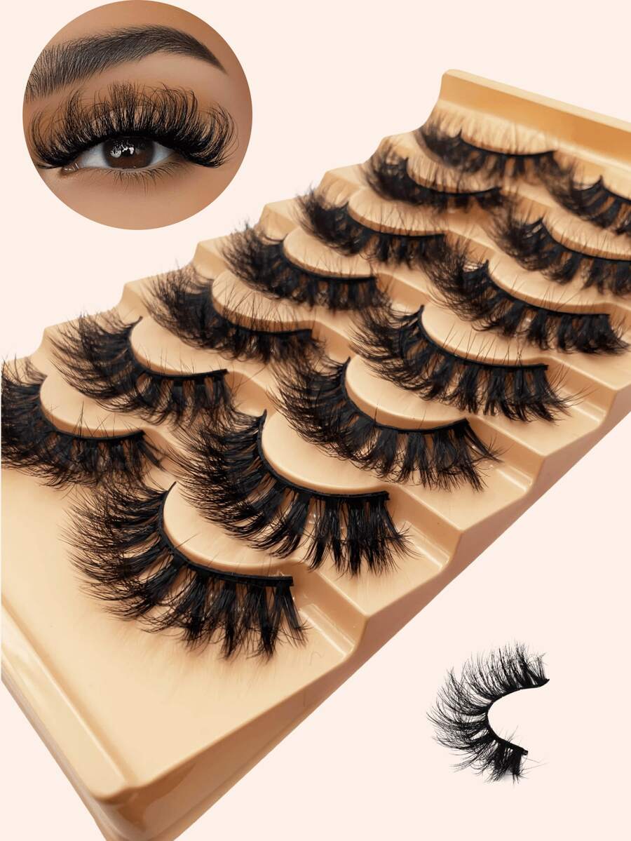 7 Pairs D Curl Luxury Fluffy Thick Dramatic Messy Faux Mink Reusable Soft Comfortable Strip Eyelashes - Black - View 1