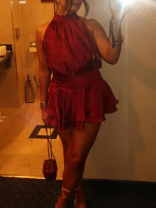 Women Mini Halter Neck Dress Pleated Sleeveless Open Back A-Line Layered Ruffle Short Dress - Red - View 2
