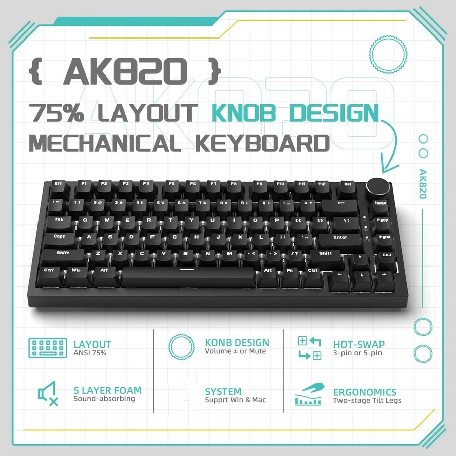 AJAZZ AK820 75% 布局有线机械游戏键盘，带音量旋钮、朝南 LED 背光、PBT 键帽、纯色背光热插拔机械键盘、符合人体工程学设计、可拆卸 USB-C 连接线、附赠拔键器 - 双手均可使用；AK820 - 查看 1