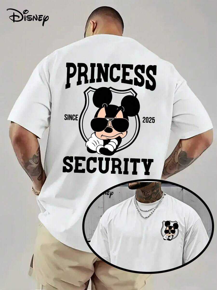 Disney Mickey Mouse Pattern, He's Wearing Sunglasses, Looking Both Cute And Handsome. The Shirt Also Features The Words "PRINSSSECURITY" Printed On It. It's A Men's Summer T-Shirt With A Distressed Finish, Made Of Pure Cotton, Comfortable And Breathable, With A Casual Outdoor Street Style And A Crew Neck. A High-Quality Brand, It's An Ideal Surprise Gift For Family And Friends. - 白色 - 查看 1