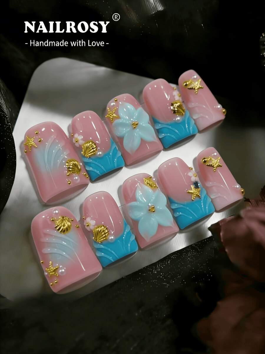 nailrosy 10片手工制作多色多巴胺压制3D Y2K鸭嘴可重复使用假指甲，镶钻彩色法式美甲 - 藍色 - 查看 1