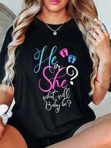 Camiseta de cuello redondo con estampado "Él o ella, ¿qué será el bebé?" Camiseta de cuello redondo con estampado, top informal de manga corta - Negro - Ver 6
