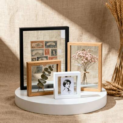 1 pieza Marco de fotos de doble cara transparente de madera, exhibición de sobremesa, panel transparente de acrílico grueso y de alta definición, adecuado para sostener fotos, especímenes de plantas, nuevo marco de decoración de escritorio en color madera clara y nogal