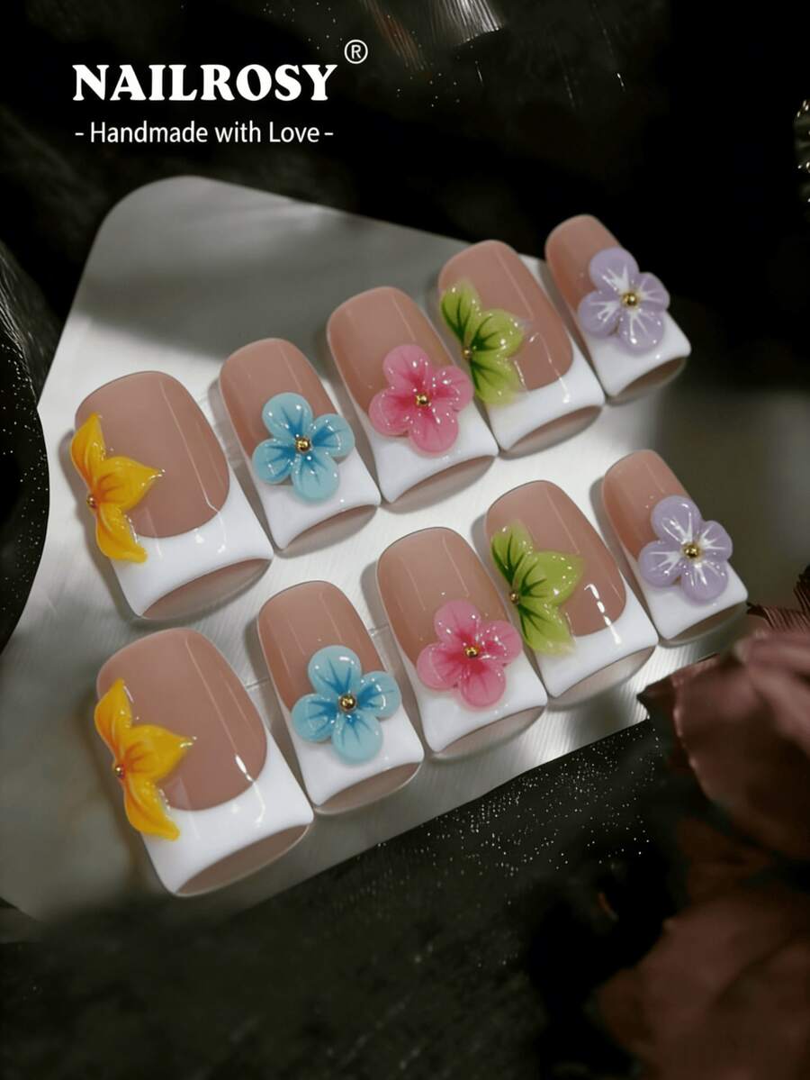 nailrosy 10pcs Multicolor Handmade Dopamine Press On Nails -3D Y2K Duck Bill Style, Reusable Fake Nails,Rhinestones | Bling Colorful French Tips - Multicolor - View 1