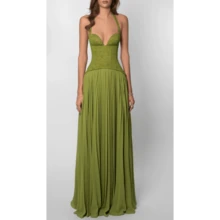 Sexy Neck Halter Low Neck Waist Pleated Suspender Dress - màu xanh lá - Xem 6