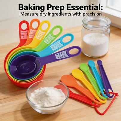 2 Stück süße, bunte Kunststoff Messbecher & Löffel - Metrisch + Britisches Maßsystem, für Trocken- und Flüssigkeiten! Zufällige leuchtende Farben, klare Markierungen leicht ablesbar, leicht, rutschfest, stapelbar - Süß Küchenbackzubehör