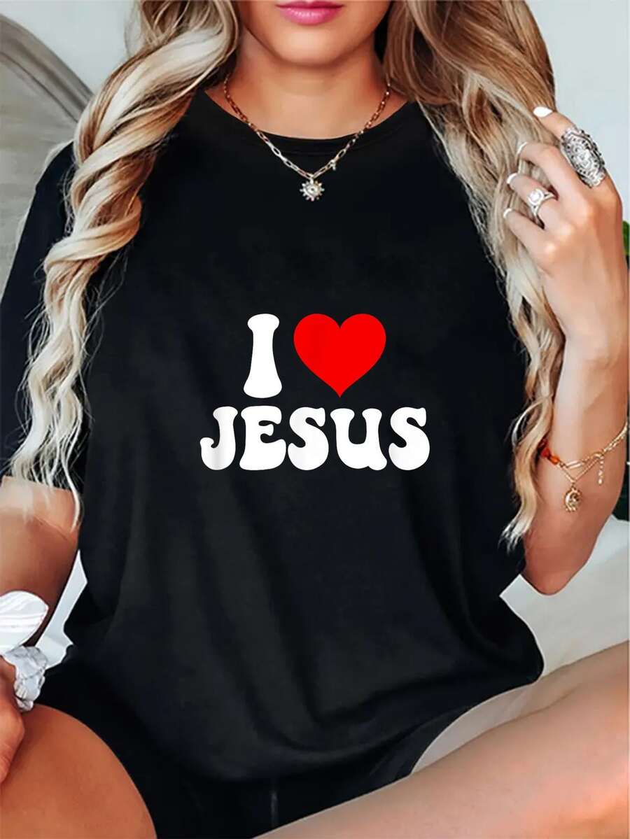 Camiseta de cuello redondo con estampado de la Biblia "Amo a Jesús" Camiseta de cuello redondo estampada, top informal de manga corta - Negro - Ver 1