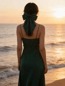 1件女士纯色缎面发夹头饰，配缎带大蝴蝶结，用途广泛，适合日常佩戴、拍照、外出、毕业典礼、情人节等场合。 - 墨綠色 - 查看 6