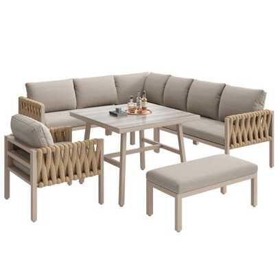 Set di mobili da giardino, set di mobili da giardino in corda intrecciata, struttura in ferro zincato, piedini regolabili, divano angolare, piano in vetro temperato, include tutti i cuscini di seduta e schienale, beige