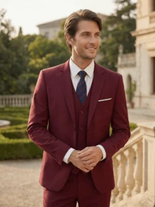 Men's 3 PiecesSuit Set Blazer&Vest&Pants Wedding Groom Attire Elegant Tuxedo Men Clothes For Special Occasions Wedding Receptions Gala Dinners Classic - Burgundy - View 3