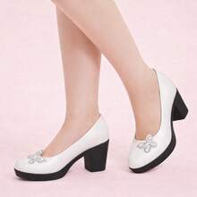 Zapatos de tacón grueso con detalle de mariposa y plataforma - Blanco - Ver 2