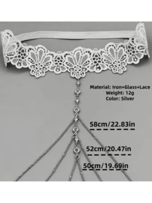 1件蕾丝流苏仿钻腿链，时尚优雅性感派对装扮，节日礼物，弹性面料（手工制作，尺寸误差1-3厘米） - 白色蕾絲水鑽流蘇腿鏈 - 查看 15