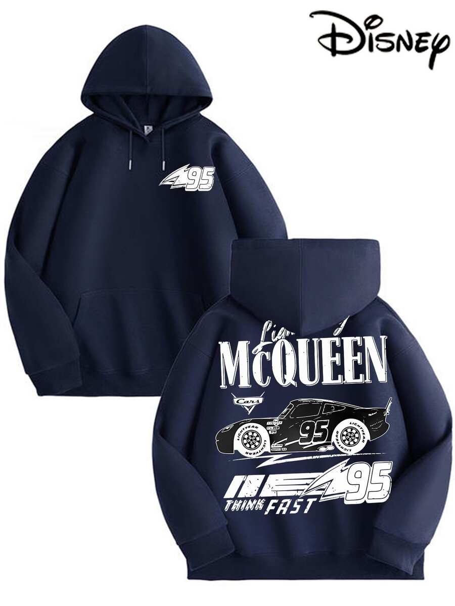 Disney Cars 95 Lightning McQueen Flame Pattern Sweatshirt For Men, Regular Fit, Machine Washable, Suitable For Autumn And Winter Casual Wear, Cartoon Character Design, Comfortable Fabric, Detailed Description, Easy Care. - 藏蓝色 - 查看 1