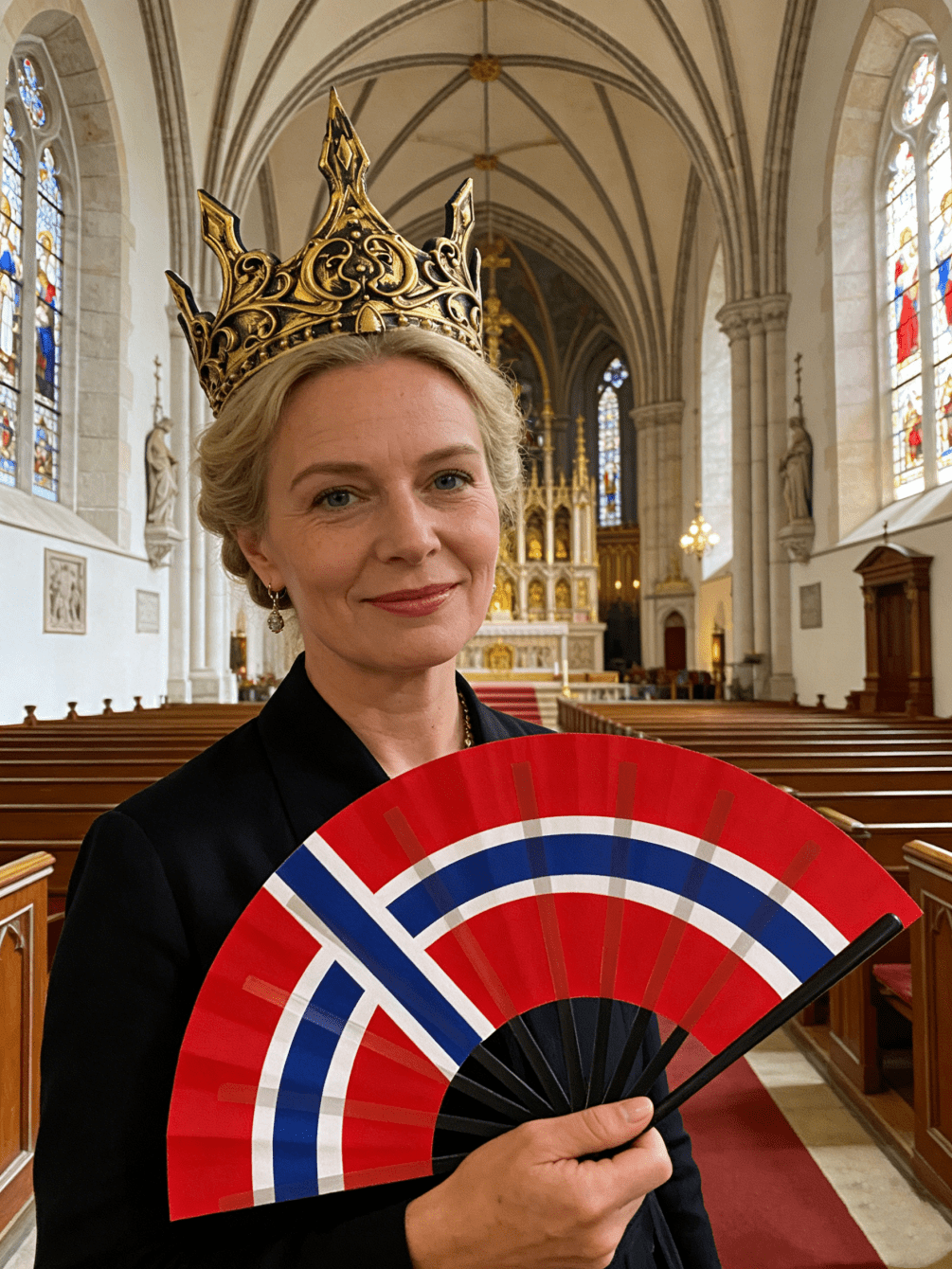 Medieval Royal Crown + National Flag Pattern Folding Fan Combo, Showcasing Regal Elegance, Suitable For Cosplay, Sports Fans And Various Events