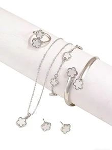 1 Set Jewelry For Women Includes 1 Necklace With Clover Pendant, 1 Bracelet, 1 Pair Of Earrings, 1 Ring, 1 Bangle - 銀色 - 查看 2
