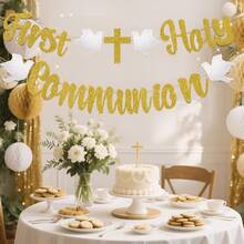 Colorful Flags Banner, God Bless Baptism Symbol Party Decor, Suitable For Christian Children Boys Girls Baby Shower Party Supplies, Gold Glitter - Multicolor - View 2