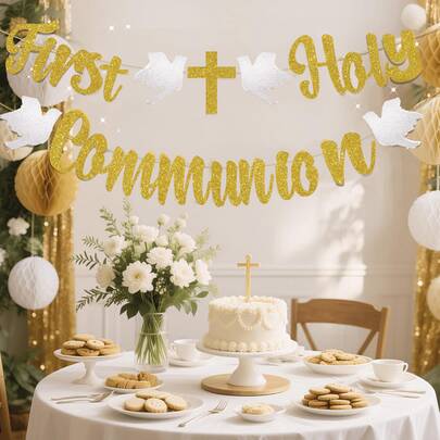 Colorful Flags Banner, God Bless Baptism Symbol Party Decor, Suitable For Christian Children Boys Girls Baby Shower Party Supplies, Gold Glitter