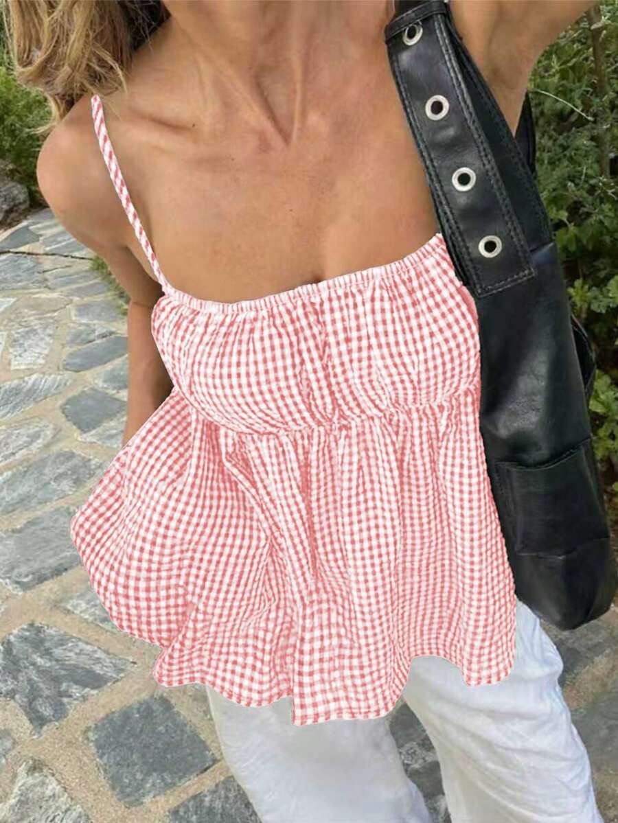 Top de tirantes con volantes y textura de burbujas a cuadros minimalista para mujer, conjunto de estilo de vacaciones para el verano, blusas de primavera - Rosa Pálido - Ver 1