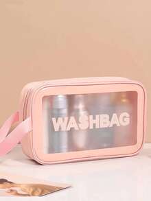 1pc PVC Transparent Large Capacity Cosmetic Bag, PU Waterproof Portable Toiletry Bag, Women's Handheld Travel Organizer, Pink - Pink - View 7