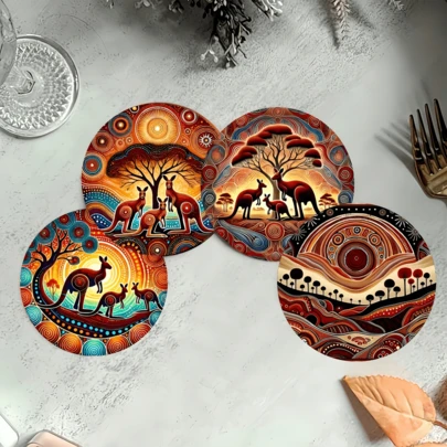 6pcs Kangaroo Themed Wooden Coasters, Hand-Wash Heat-Resistant Insulation Pads, Coffee Mats, Mother's Day Gifts, Home Decor And Gift Helpers, Restaurant Decor, Dining Table Center Decor, Party Decor, Gifts