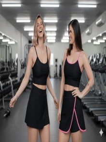 Kit 2 Conjunto Feminino Academia Top Cropped e Shorts Saia Slim Cintura Alta - Pink e Preto - Visão 5