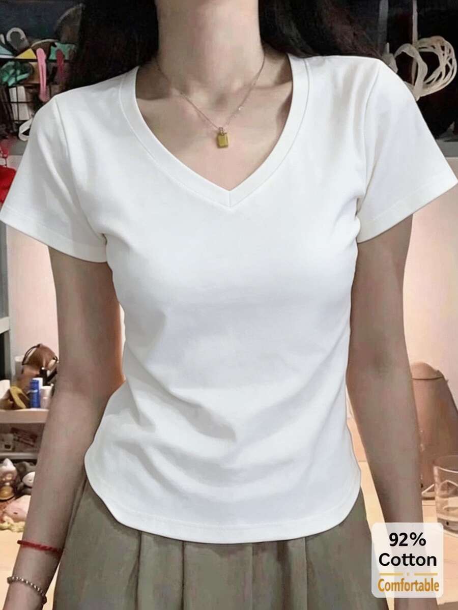 2026春夏新款V领短袖T恤,百搭白色修身纯色打底衫,女士休闲款 - 白色 - 查看 1
