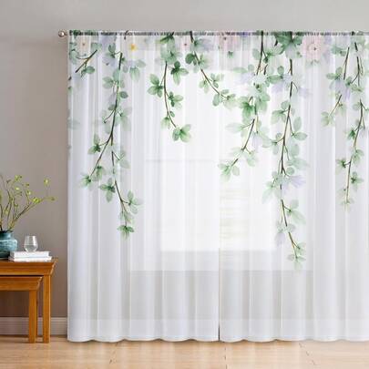 2片装清新绿叶藤蔓垂坠花卉薄纱窗帘，家居装饰薄纱窗帘，现代艺术风格飘逸窗帘，适用于厨房、咖啡馆、餐厅、阳台、花园、卧室等场所。