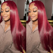 13x4 99J 酒红色真人发混纺假发 28 英寸红酒色直发混纺蕾丝前假发 女士混纺真人发假发 200% 密度 - SBUG - 查看 6