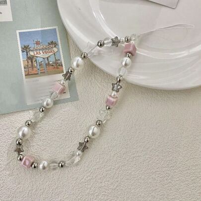 1条时尚Y2K风格半透明星形粉色方形串珠手机挂绳，耳机装饰，适合作为生日、节日礼物送给母亲、家人、朋友，也可作手机挂饰或挂绳使用。