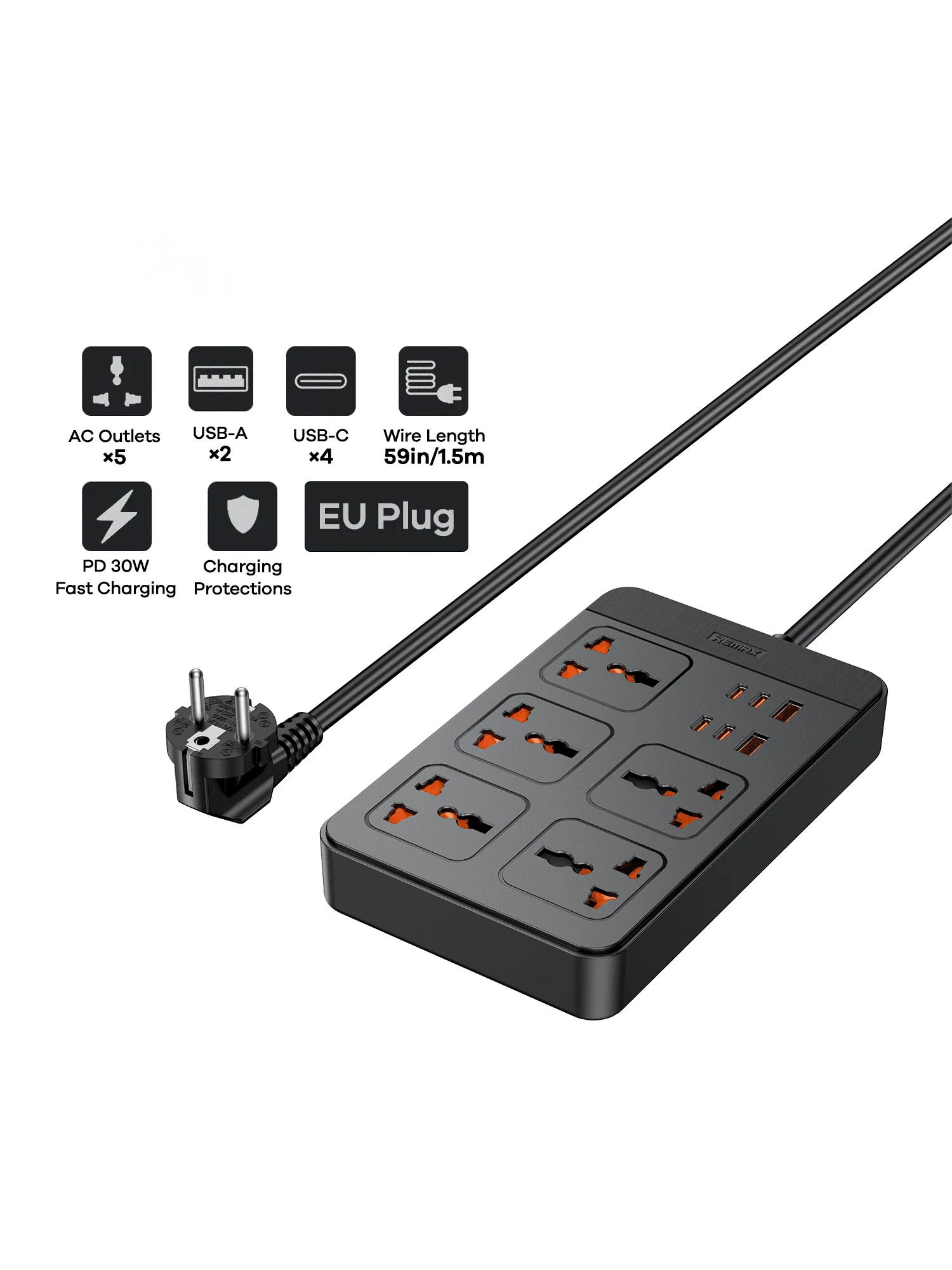 REMAX 30W Protector contra sobretensiones, cable de extensión plano, regleta de enchufes plana, 5 tomas de corriente espaciadas y 6 puertos de carga USB (4 puertos USB-C + 2 puertos USB-A), cable de 4 pies, para viajes, oficina, escuela, dormitorio, con interruptor de luz LED, negro