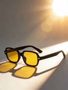 黑色镜框 黄色方形复古时尚眼镜，男女通用PC材质镜框，适合驾驶、度假、日常出行、时尚搭配、派对等场合佩戴。 - 黃色 - 查看 5