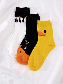 3双可爱小鸭图案中筒袜，舒适透气 - 彩色 - 查看 5