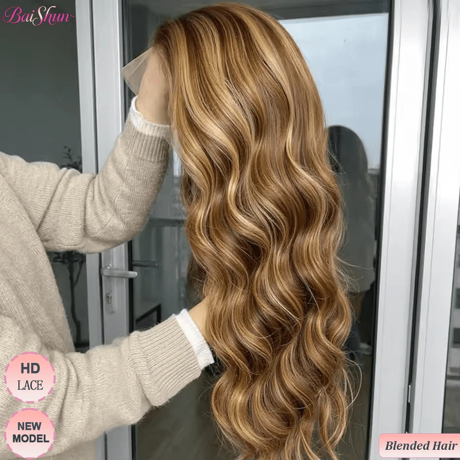 13x4 13x6 HD Lace Front Wigs Human Blended Hair 26 Inch #4/27 Honey Blonde Ombre Highlight Body Wave Human Frontal Hair Wig 200 Density 12A 5x5 Glueless Wigs Lace Front Wigs Pre Plucked Glueless Frontal Wig For Women
