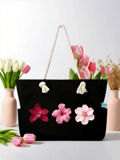 手提包套装 - 向日葵、芙蓉花、热带花卉、蛋花图案，包含一个大容量单肩包（带侧袋）和一个配套的小收纳袋，可用作旅行手提包、度假收纳包和大容量单肩包。