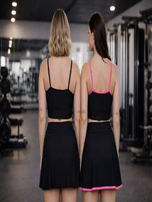 Kit 2 Conjunto Feminino Academia Top Cropped e Shorts Saia Slim Cintura Alta - Pink e Preto - Visão 4