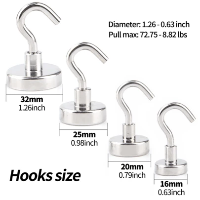 Bộ 6/8 móc từ tính màu bạc, móc treo tường chịu lực cao, không cần khoan, khả năng chịu tải 8,82-72,75 lbs, móc kim loại tròn (nhiều kích cỡ 16mm/20mm/25mm/32mm), móc từ tính di động, lắp đặt không gây hư hại, kim loại đánh bóng bền chắc, chịu lực cao, thích hợp cho xe RV, nhà bếp, phòng tắm, nhà để xe, tường sắt, phụ kiện sắp xếp và lưu trữ.